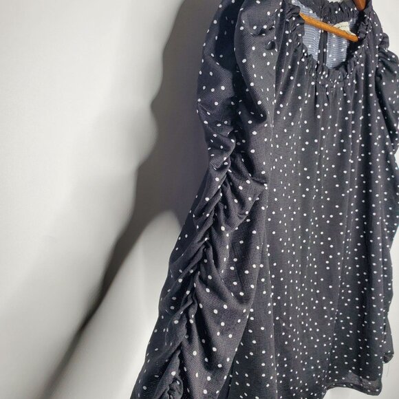 Max Studio Womens Black Polka Dot Blouse Size XL Ruched Long Sleeves Keyhole - Picture 2 of 9